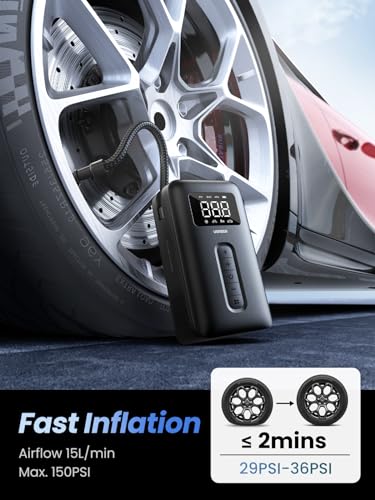 UGREEN Tire Inflator Portable Cordless Electric Air Pump 150PSI Auto-Off Tire Pump with LED Light Digital Gauge for Accurate Pressure Readings for Ca