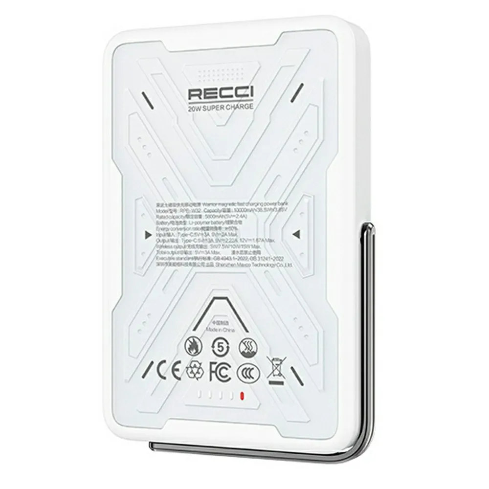 RECCI RPB-W32 10000 mAh bärbar laddare med ställfot, 15 W magnetisk trådlös laddning - Vit